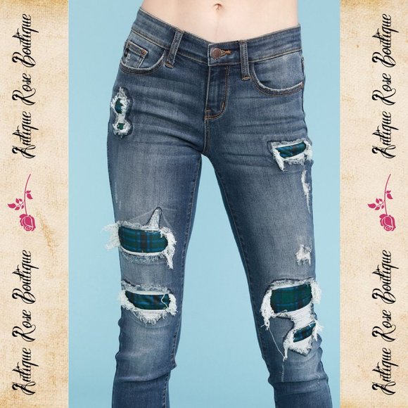 Judy Blue Green/Blue Plaid Patch Skinny Jeans - Picture 2 of 8